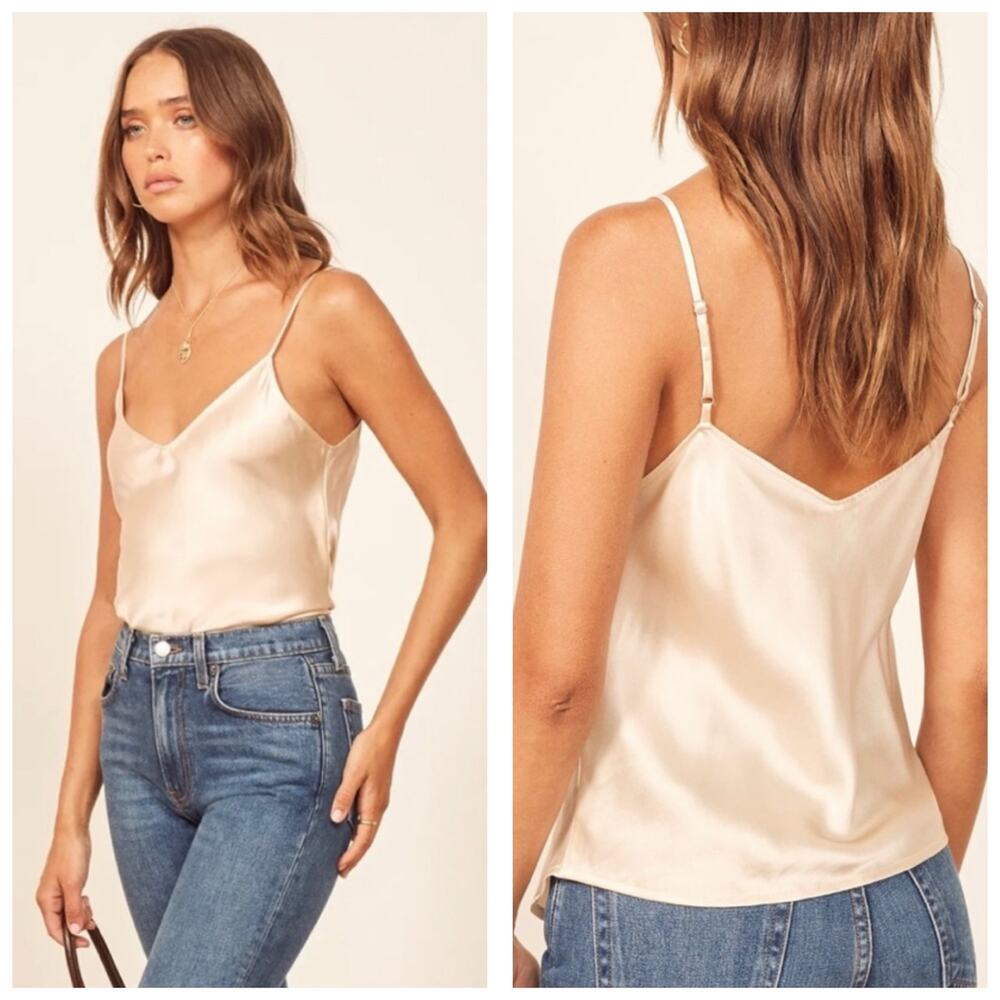 Reformation Teddy Silk V Neck Camisole Size XS Ivory Satin Minimalist Chic